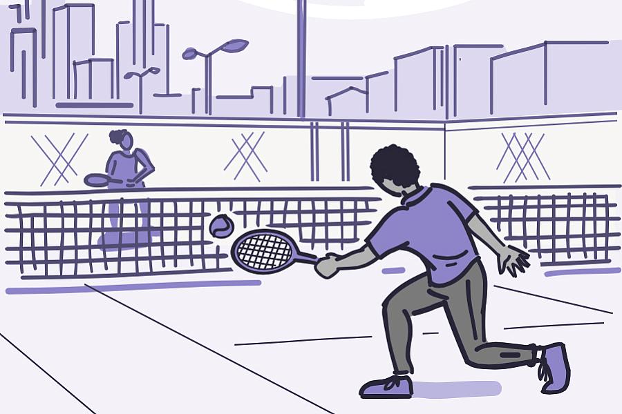 Illustration of 2 people playing tennis.