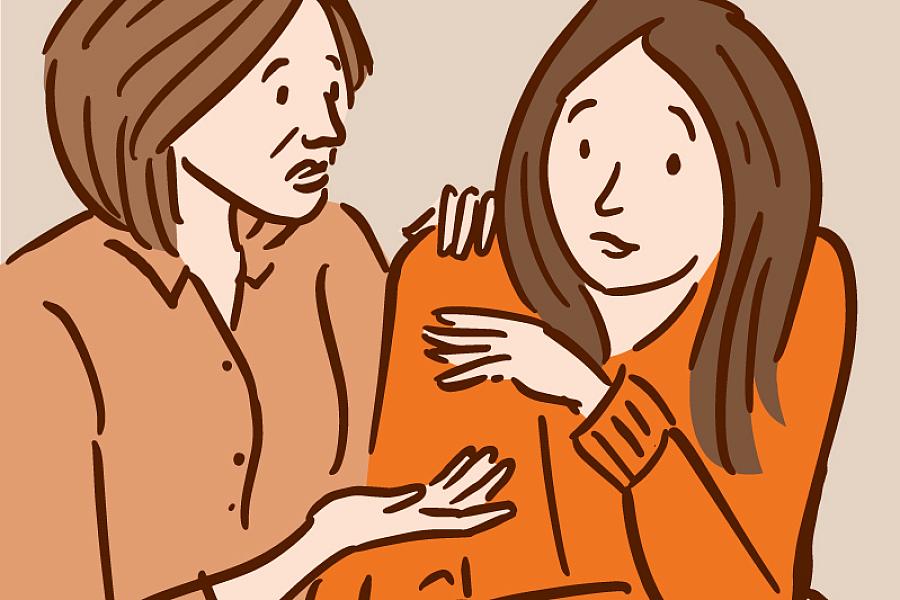 Illustration of a mother comforting and talking with her daughter.