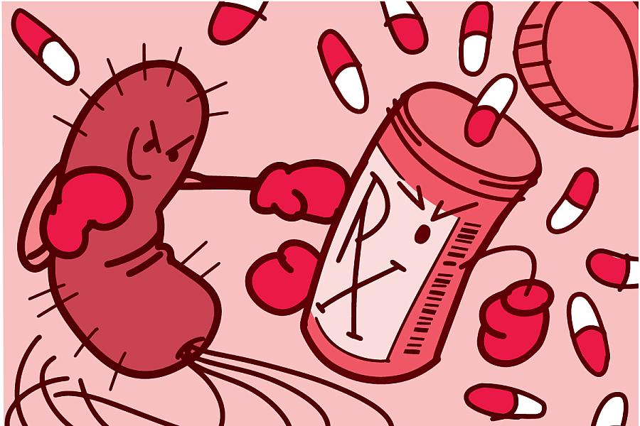 Illustration of a bacterium boxing with a prescription bottle.