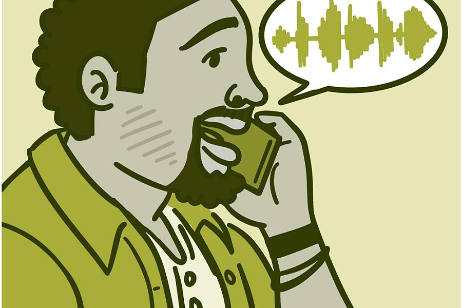 Illustration of a person talking on their cell phone showing a speech bubble with sound waves.