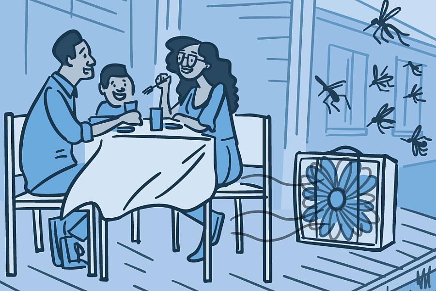 Illustration of a family eating outside using a fan to protect against mosquitoes.